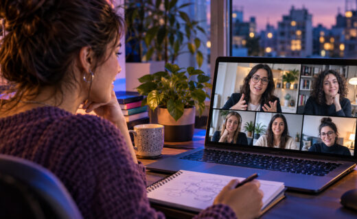 Joven participa en una mentoría tecnológica virtual con profesionales de Mujeres Digitales desde una computadora.