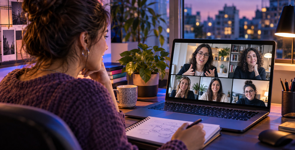 Joven participa en una mentoría tecnológica virtual con profesionales de Mujeres Digitales desde una computadora.