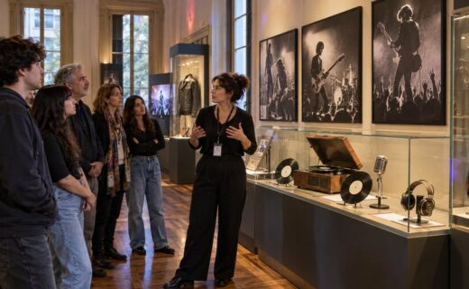 El Museo de la Ciudad recorre la historia del rock argentino mediante fotografías, tocadiscos, discos e instrumentos musicales.