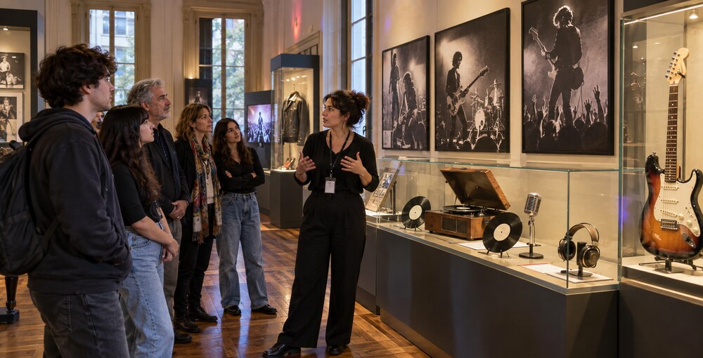 El Museo de la Ciudad recorre la historia del rock argentino mediante fotografías, tocadiscos, discos e instrumentos musicales.