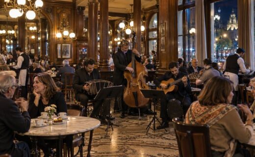 Ambiente nocturno en un tradicional café porteño, con vecinos reunidos y músicos de tango durante la Noche de los Bares Notables en Buenos Aires.