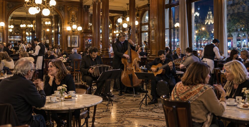 Ambiente nocturno en un tradicional café porteño, con vecinos reunidos y músicos de tango durante la Noche de los Bares Notables en Buenos Aires.