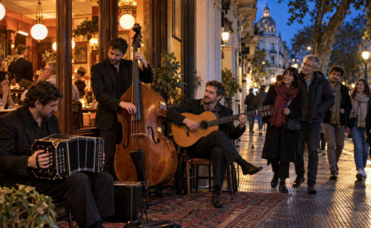 Músicos tocan junto a un café porteño mientras un grupo de personas recorre la vereda al anochecer.