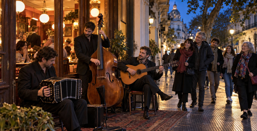 Músicos tocan junto a un café porteño mientras un grupo de personas recorre la vereda al anochecer.