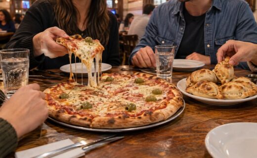 Pizza de mozzarella y empanadas compartidas en una pizzería porteña durante la Noche de la Pizza y la Empanada.