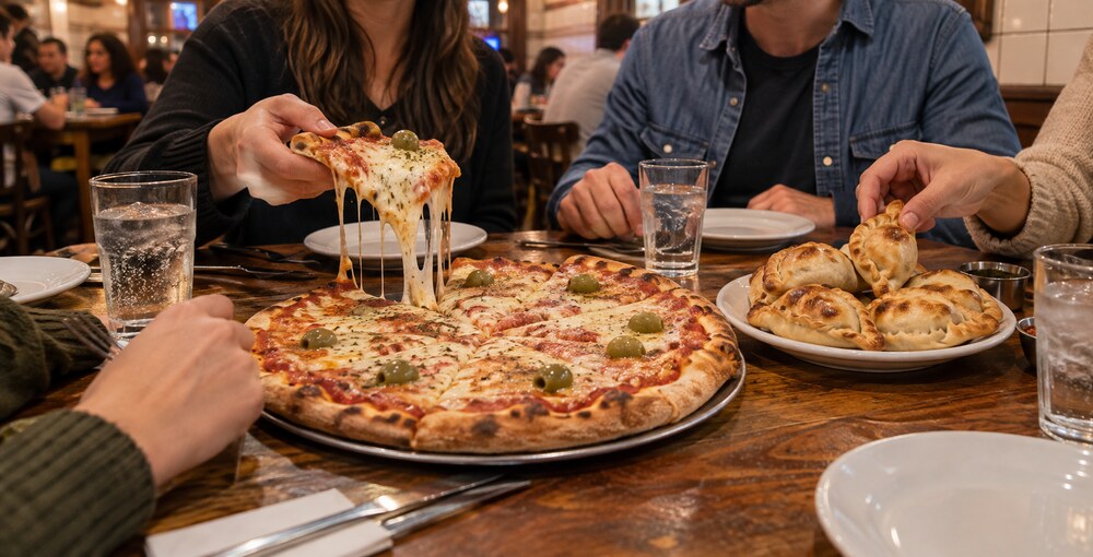 Pizza de mozzarella y empanadas compartidas en una pizzería porteña durante la Noche de la Pizza y la Empanada.