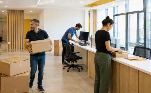 Trabajadores organizan cajas, documentos y puestos de atención durante el traslado de la Comuna 14 a su nueva sede en Palermo.
