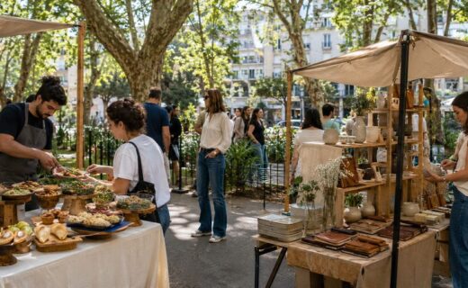 Feria Nuevos Sabores en Belgrano con puestos de gastronomía, productos artesanales y objetos de diseño al aire libre.