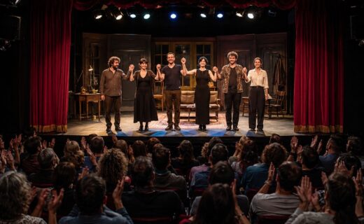 Elenco de una obra de teatro saluda sobre el escenario ante el aplauso del público en una sala de Buenos Aires.