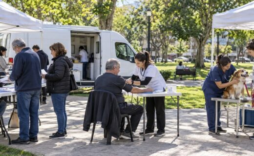 Operativo de oficinas móviles con trámites, control de salud y atención veterinaria para mascotas en una plaza de Villa General Mitre.