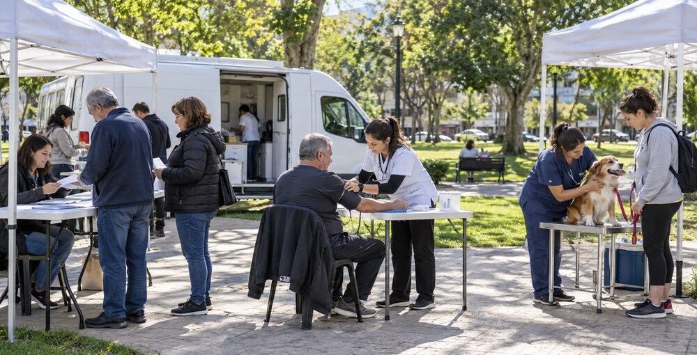 Operativo de oficinas móviles con trámites, control de salud y atención veterinaria para mascotas en una plaza de Villa General Mitre.