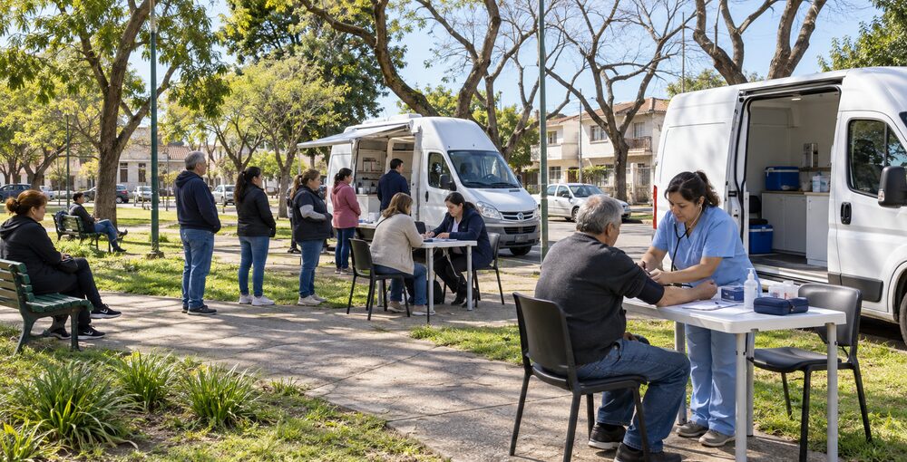 Oficinas móviles atienden consultas de salud y trámites de vecinos en el Parque Dr. Juan B. Terán de Villa Real.