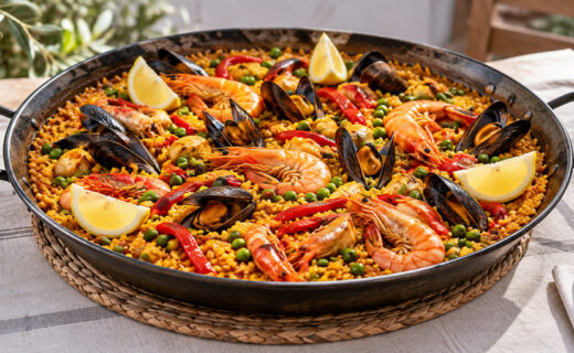 Paella gigante con arroz dorado, mariscos, pimientos, arvejas y limón sobre una mesa.
