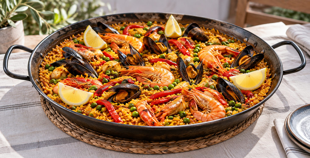Paella gigante con arroz dorado, mariscos, pimientos, arvejas y limón sobre una mesa.