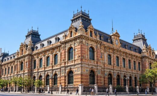 Fachada ornamentada del Palacio de Aguas Corrientes con sus cerámicas policromadas en la avenida Córdoba de Buenos Aires.