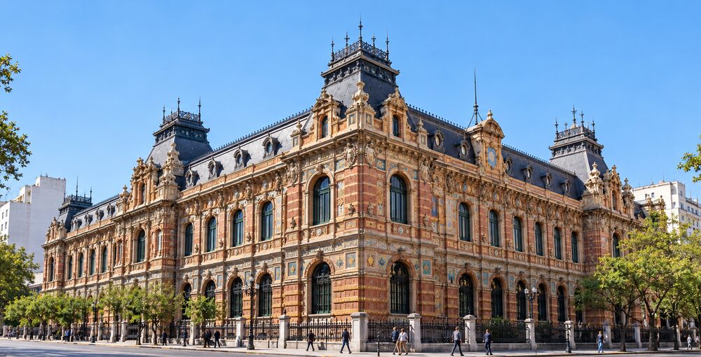 Fachada ornamentada del Palacio de Aguas Corrientes con sus cerámicas policromadas en la avenida Córdoba de Buenos Aires.