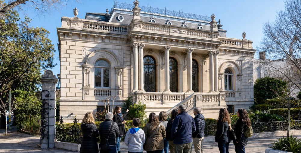 Visitantes participan de una visita guiada frente al Palacio Ceci en el barrio porteño de Villa Devoto.