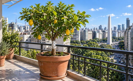 Limonero en maceta con el tronco envuelto en papel de aluminio sobre un balcón porteño con el Obelisco de Buenos Aires al fondo