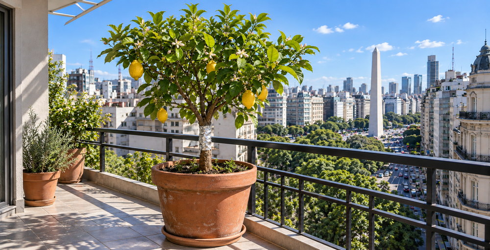 Limonero en maceta con el tronco envuelto en papel de aluminio sobre un balcón porteño con el Obelisco de Buenos Aires al fondo