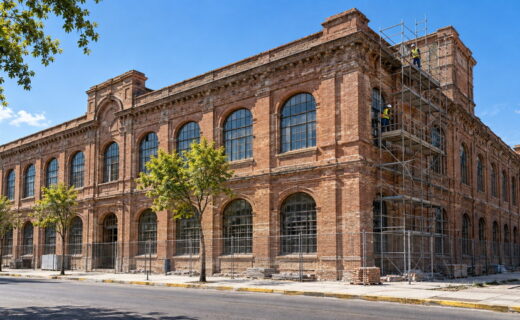 Ex fábrica Alpargatas de Barracas con andamios y trabajadores durante la recuperación de su histórica fachada de ladrillos.