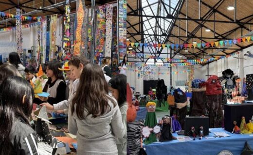 Estudiantes participan de un taller y se exhiben obras escolares en la muestra REVERSIBLE del Parque de la Estación.
