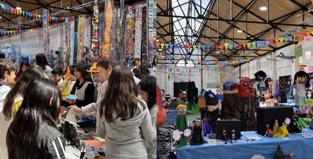 Estudiantes participan de un taller y se exhiben obras escolares en la muestra REVERSIBLE del Parque de la Estación.