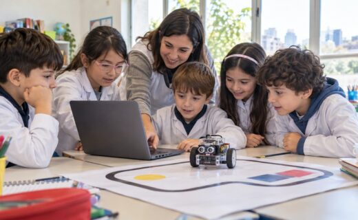 Alumnos de una escuela porteña trabajan junto a una docente con un robot educativo y una computadora dentro del aula.
