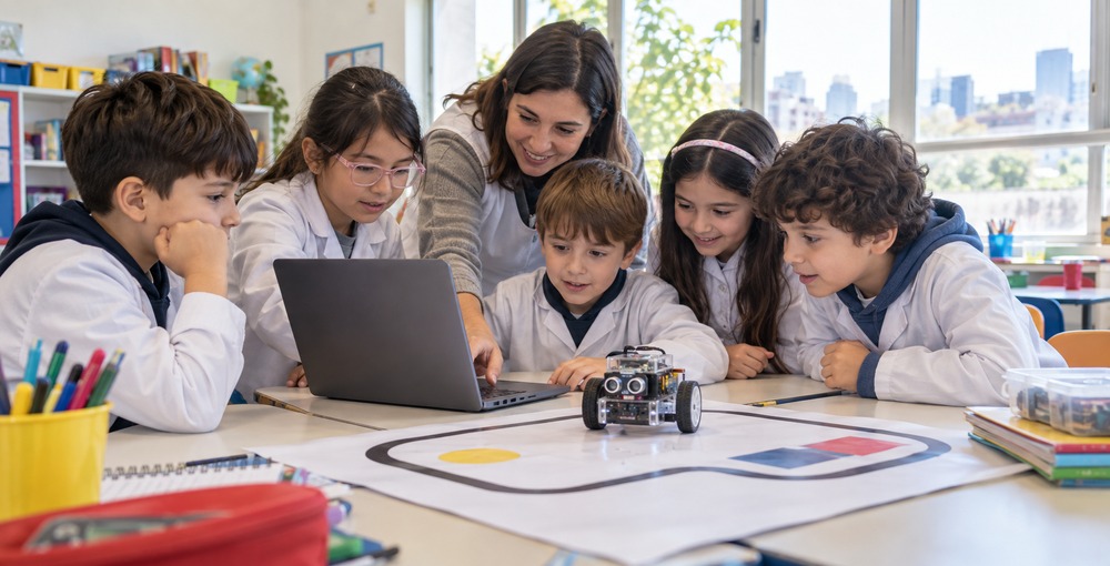 Alumnos de una escuela porteña trabajan junto a una docente con un robot educativo y una computadora dentro del aula.
