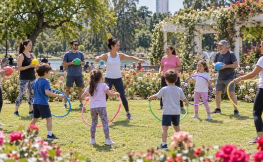 Familias, niños y adultos mayores participan de juegos y actividades de movimiento durante la Semana del Bienestar en el Rosedal de Palermo.