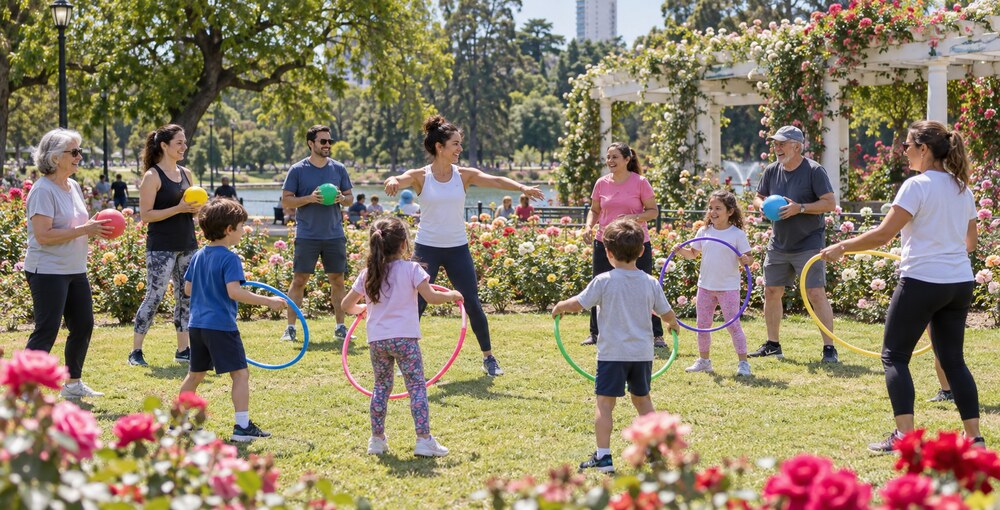 Familias, niños y adultos mayores participan de juegos y actividades de movimiento durante la Semana del Bienestar en el Rosedal de Palermo.