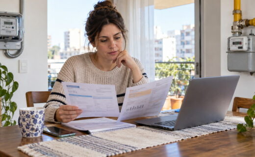 Vecina revisando facturas de luz y gas junto a una computadora y medidores de servicios en una vivienda de la Ciudad de Buenos Aires.
