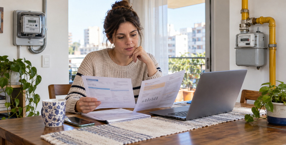 Vecina revisando facturas de luz y gas junto a una computadora y medidores de servicios en una vivienda de la Ciudad de Buenos Aires.
