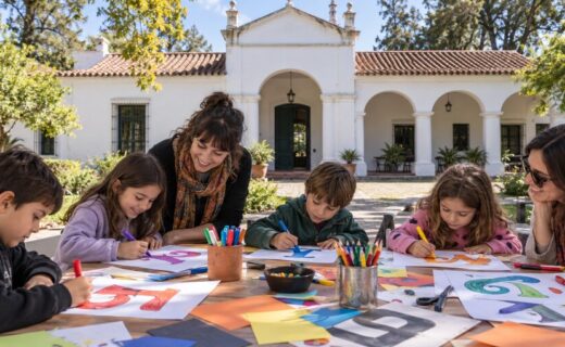 Chicos participan de un taller de palabras y tipografía frente a la fachada del Museo Saavedra en Buenos Aires.