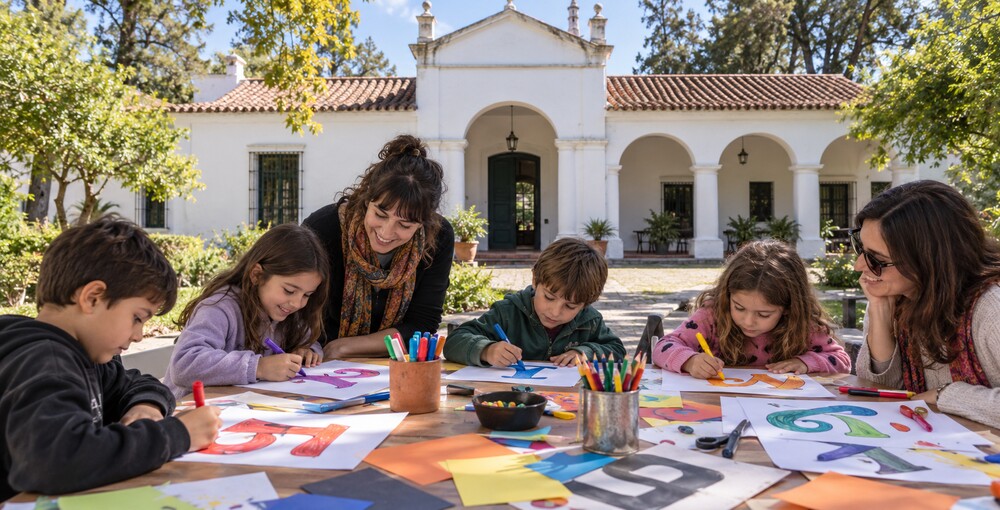 Chicos participan de un taller de palabras y tipografía frente a la fachada del Museo Saavedra en Buenos Aires.