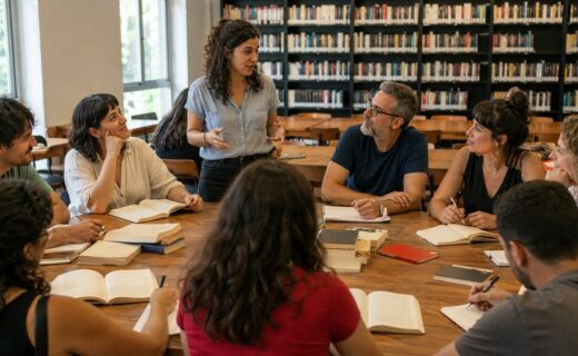 Participantes de un taller gratuito de lectura y escritura reunidos alrededor de una mesa dentro de una biblioteca porteña.