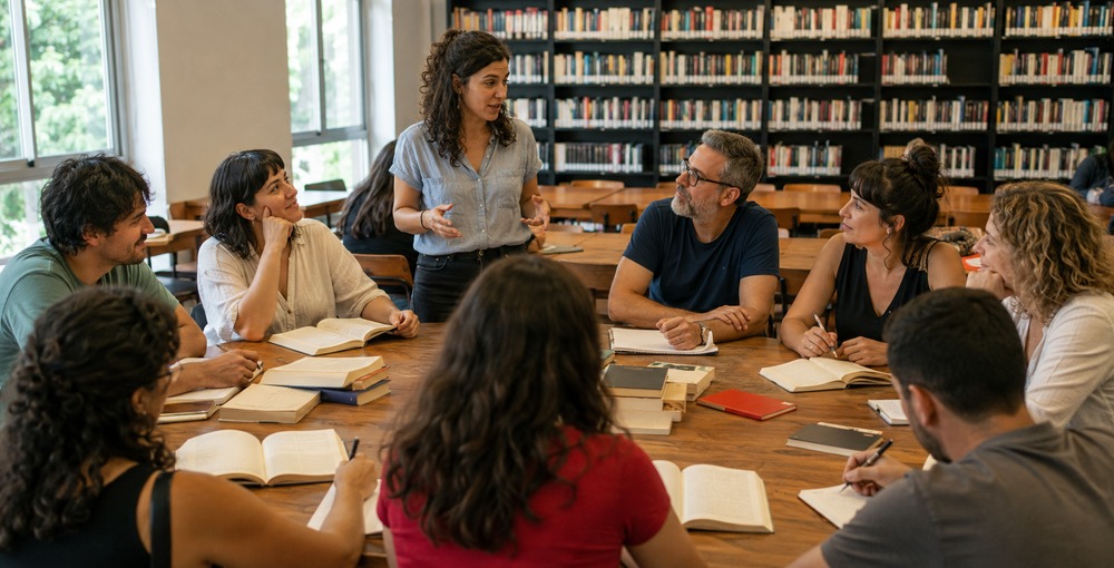 Participantes de un taller gratuito de lectura y escritura reunidos alrededor de una mesa dentro de una biblioteca porteña.
