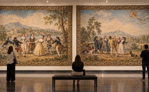 Tapices históricos de Goya exhibidos en una sala del Museo Nacional de Bellas Artes ante la mirada de varios visitantes.