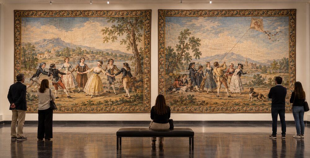 Tapices históricos de Goya exhibidos en una sala del Museo Nacional de Bellas Artes ante la mirada de varios visitantes.