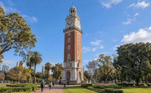 Torre Monumental rodeada de árboles y visitantes en el barrio porteño de Retiro durante una jornada soleada.