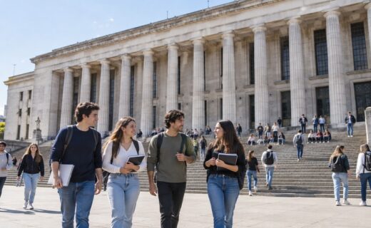 Estudiantes frente a la Facultad de Derecho de la UBA, universidad ubicada en el puesto 84 del ranking mundial QS 2027.