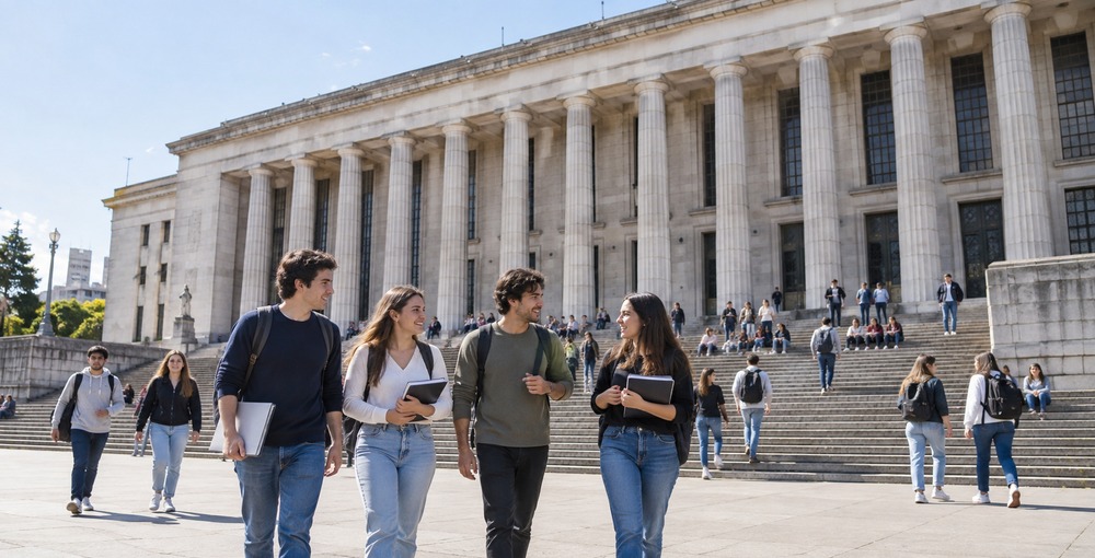 Estudiantes frente a la Facultad de Derecho de la UBA, universidad ubicada en el puesto 84 del ranking mundial QS 2027.