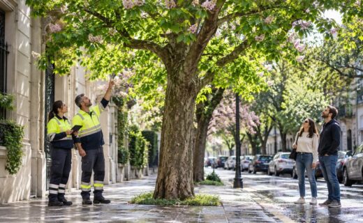 Personal especializado inspecciona un árbol de vereda en plena brotación durante la veda de poda de primavera en CABA.
