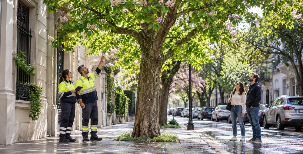Personal especializado inspecciona un árbol de vereda en plena brotación durante la veda de poda de primavera en CABA.