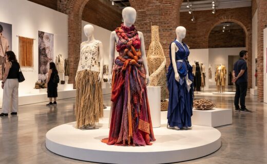 Exposición Vestir mundos con prendas de diseño argentino exhibidas en una sala del Museo Moderno de Buenos Aires.