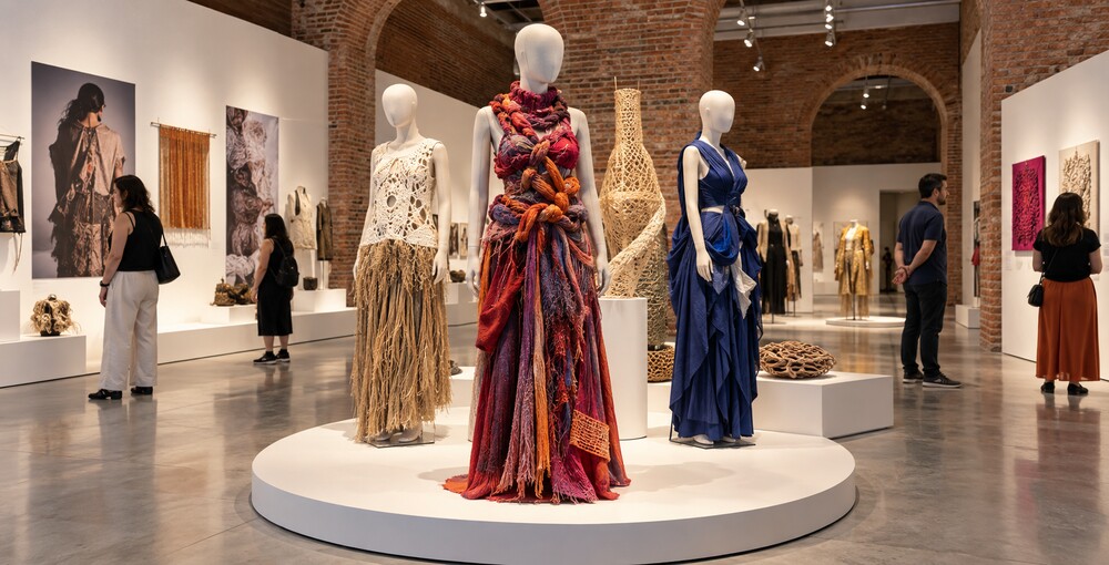 Exposición Vestir mundos con prendas de diseño argentino exhibidas en una sala del Museo Moderno de Buenos Aires.