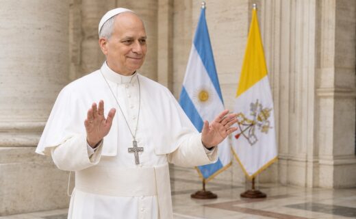 Papa León XIV en un entorno institucional del Vaticano junto a las banderas de la Argentina y la Santa Sede.