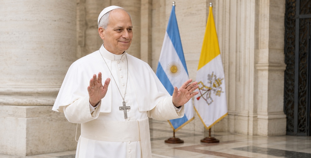 Papa León XIV en un entorno institucional del Vaticano junto a las banderas de la Argentina y la Santa Sede.