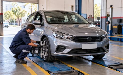 Técnico realiza la inspección de un automóvil en un taller preparado para brindar el servicio de VTV en la Ciudad de Buenos Aires.