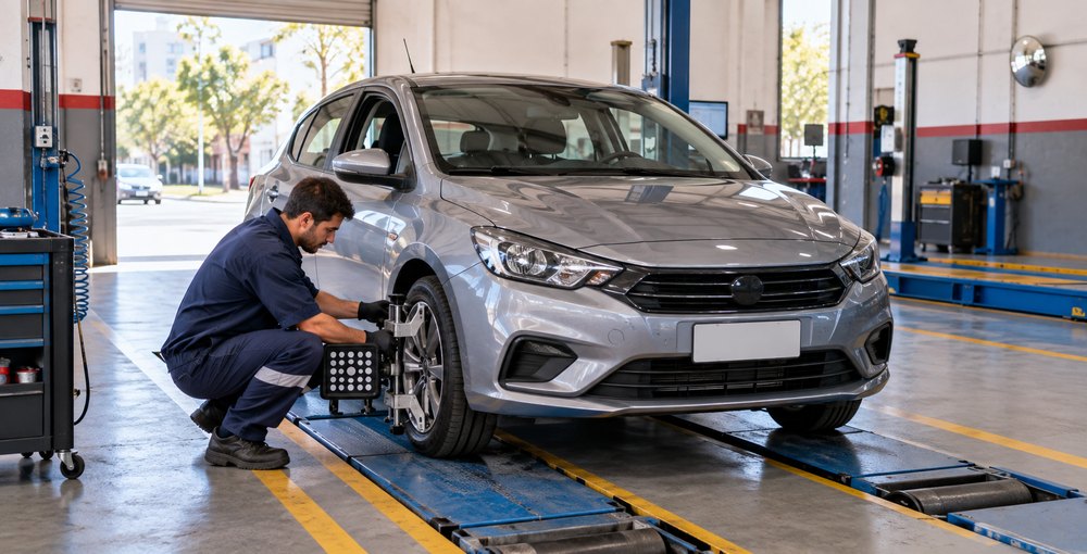 Técnico realiza la inspección de un automóvil en un taller preparado para brindar el servicio de VTV en la Ciudad de Buenos Aires.
