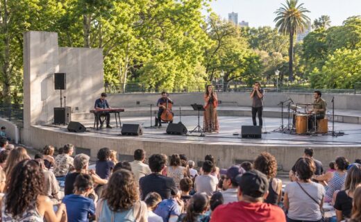 Concierto de música folklórica con voz, piano, violonchelo, armónica y percusión ante el público del Anfiteatro de Parque Centenario.